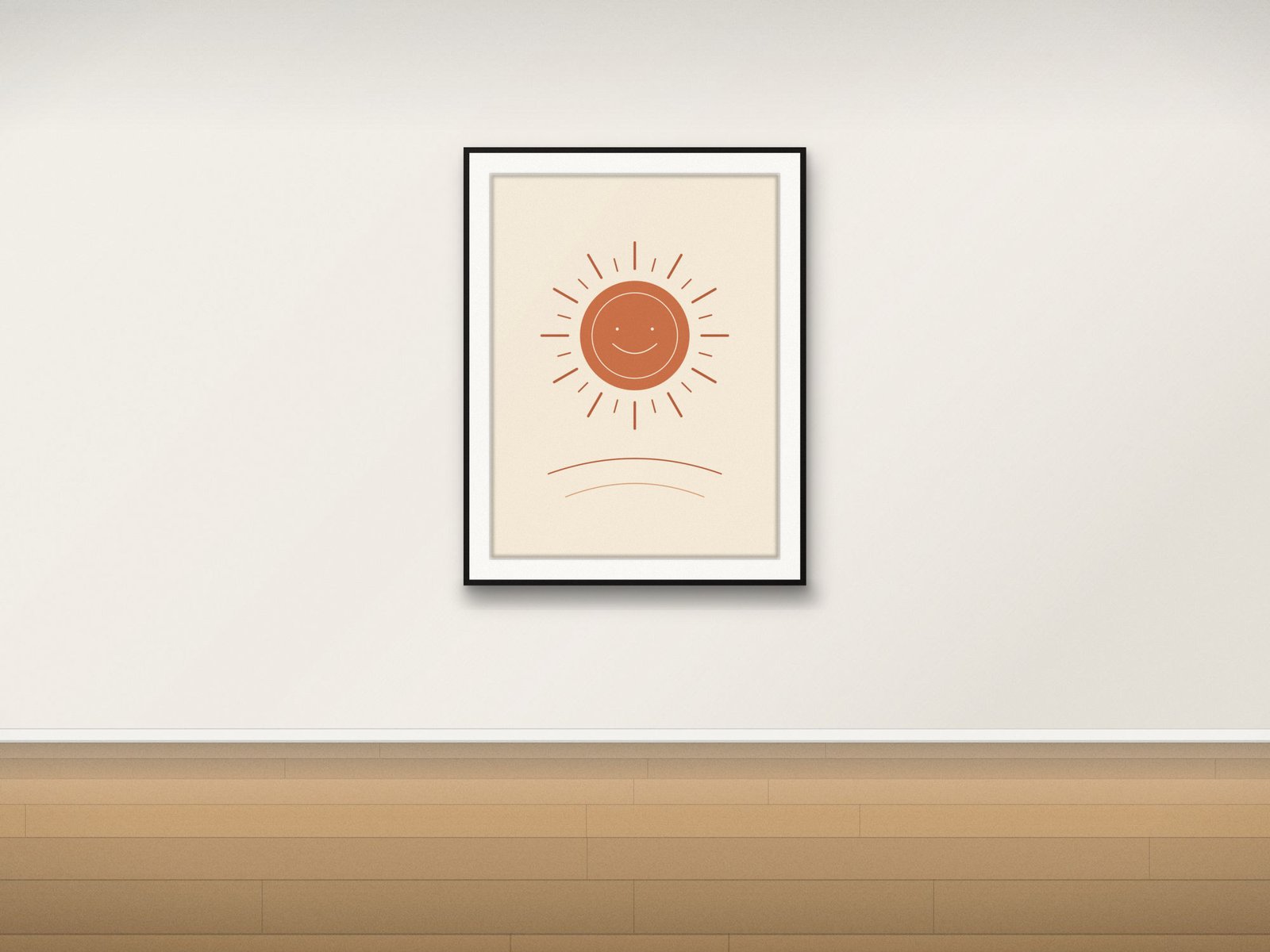 Framed art print hanging on a warm white wall above an oak floor