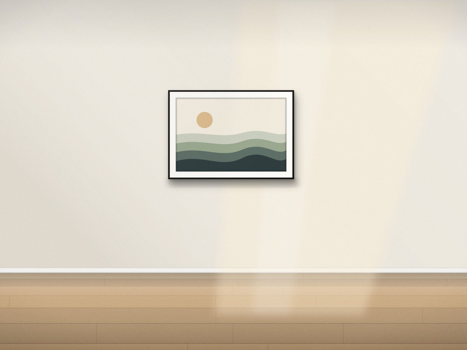 Abstract print in a black frame catching morning sun on a bone wall