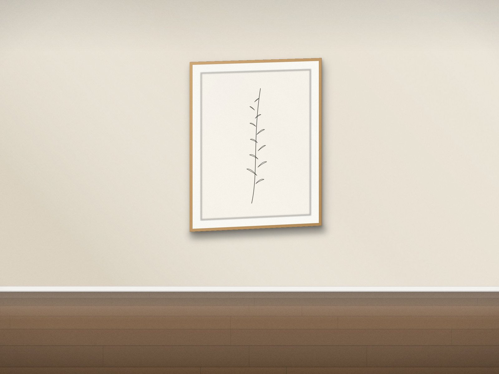 Botanical line print in an oak frame on a warm linen wall