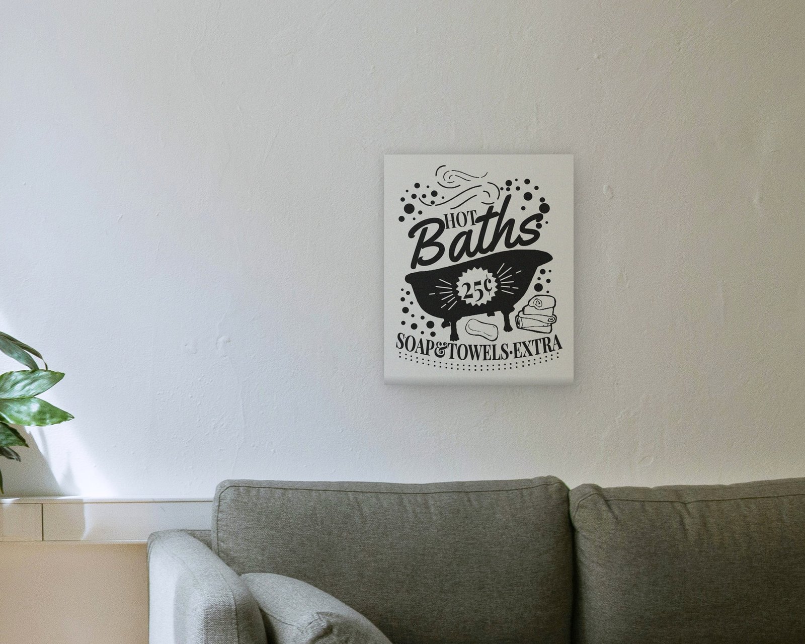 Hot Baths, 25 Cents, Gallery canvas in a living room