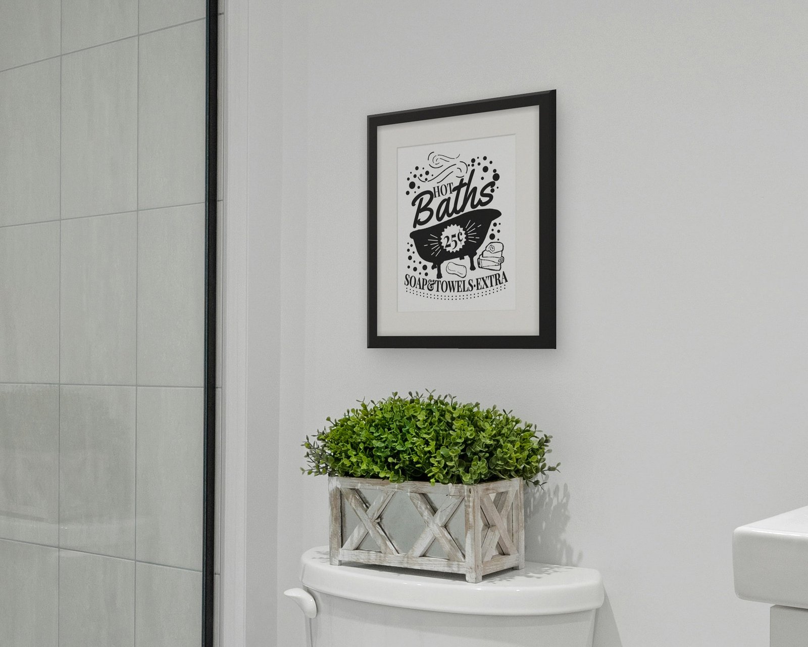Hot Baths, 25 Cents, Framed in a bathroom