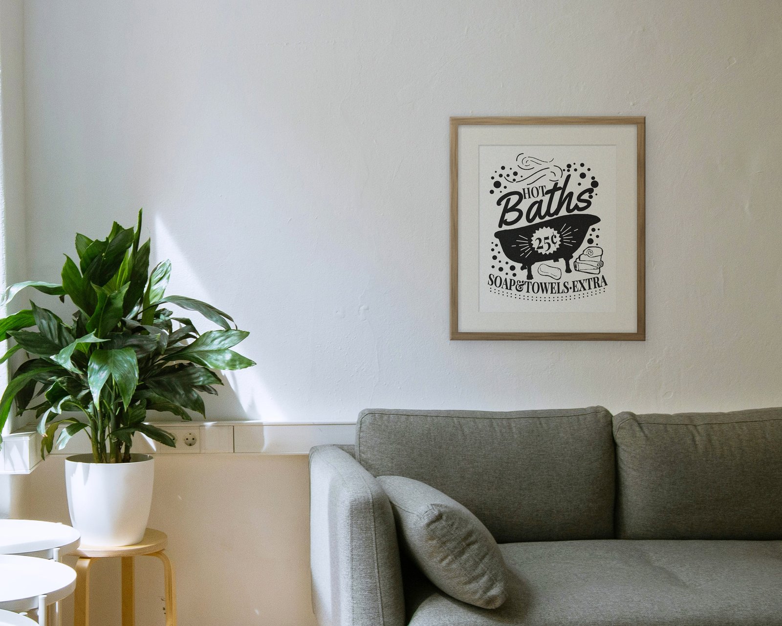 Hot Baths, 25 Cents, Framed in a living room