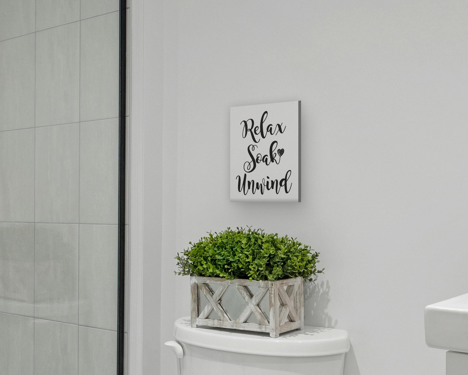 Relax, Soak, Unwind, Gallery canvas in a bathroom