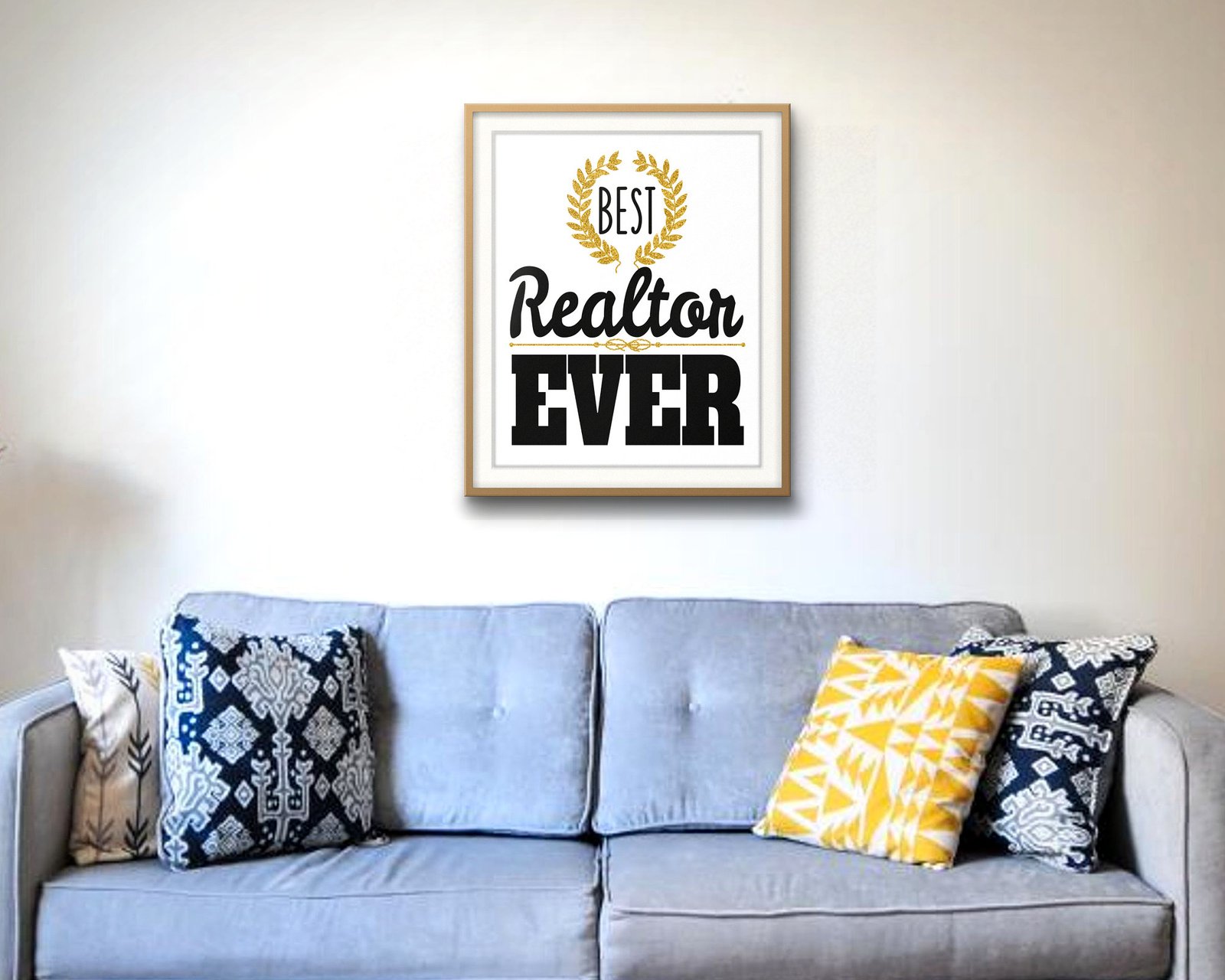 Best Realtor Ever: Living room · velvet sofa, framed