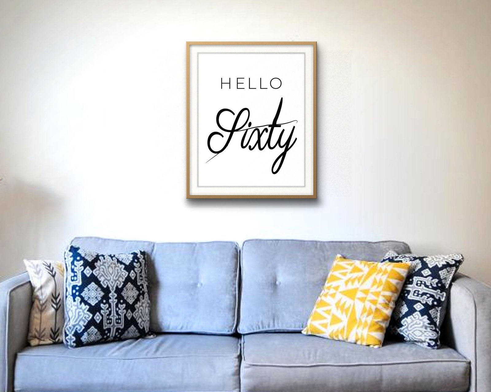 Hello Sixty: Living room · velvet sofa, framed