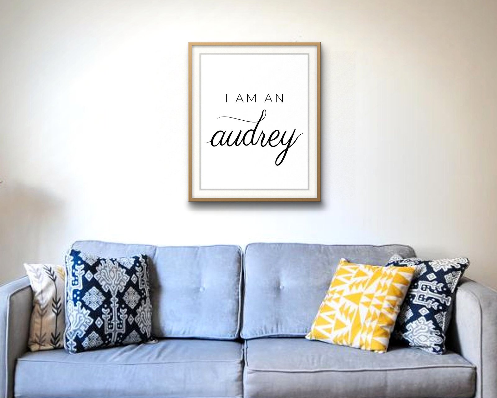 I Am An Audrey: Living room · velvet sofa, framed