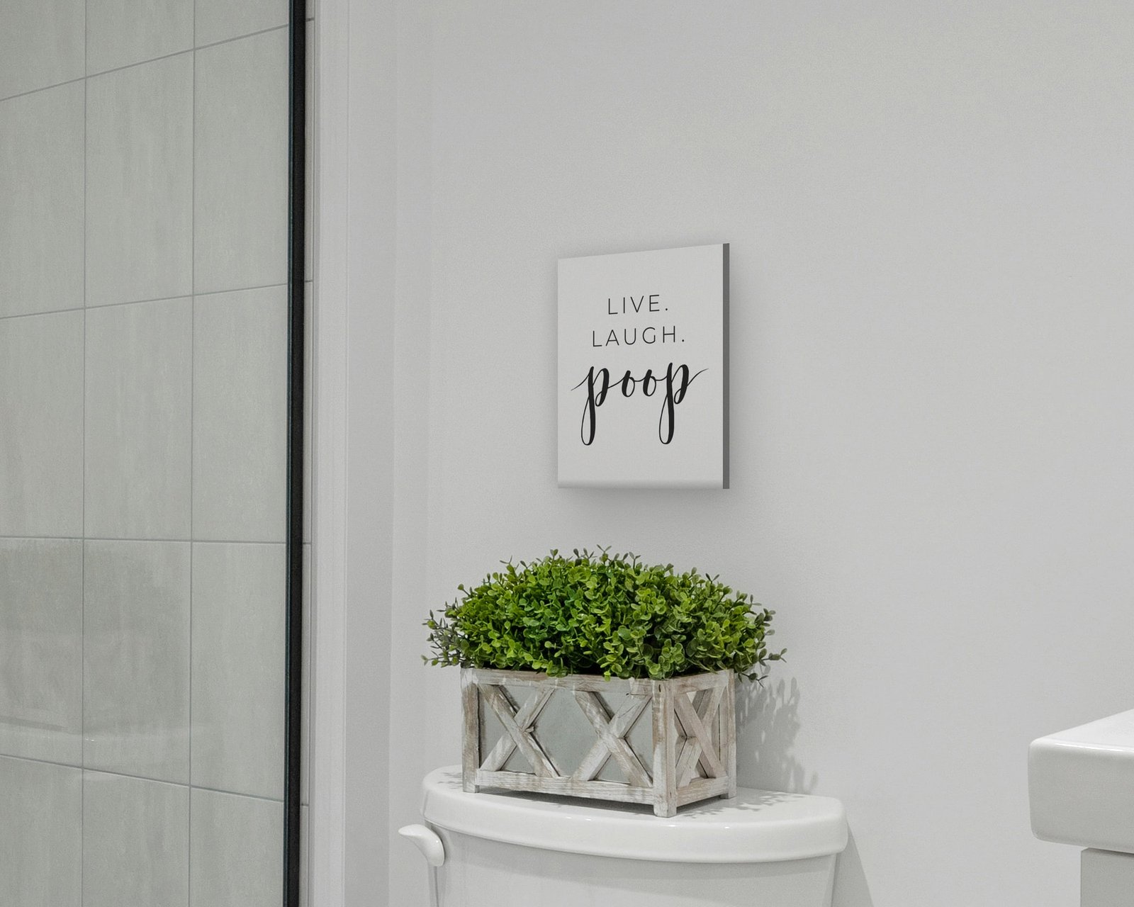Live. Laugh. Poop., Gallery canvas in a bathroom