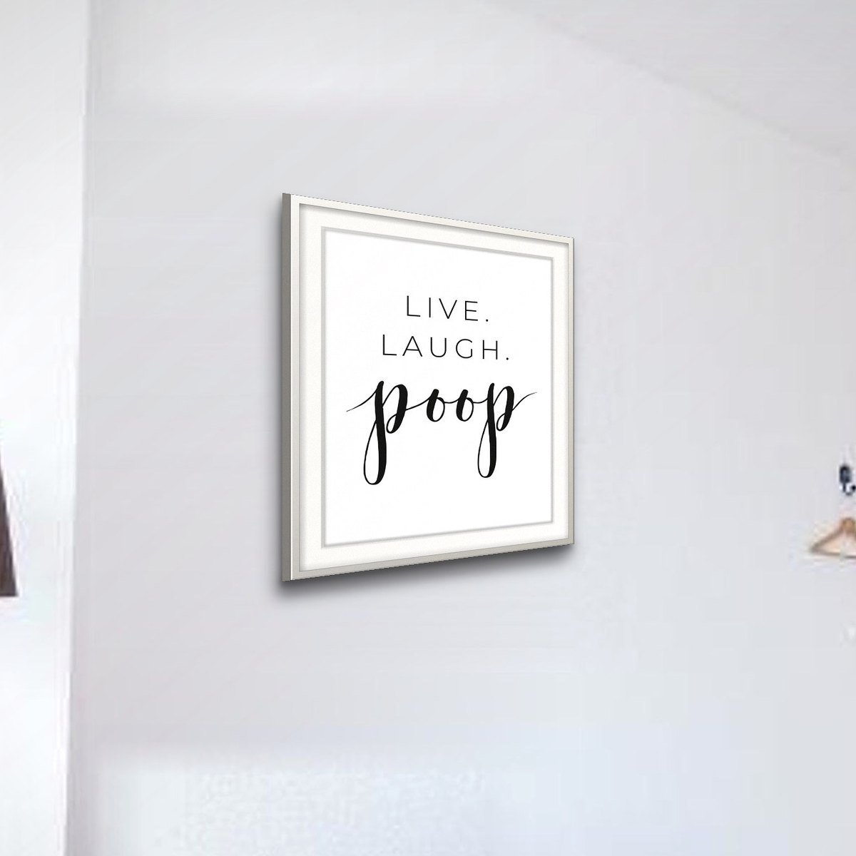 Live. Laugh. Poop. shown framed on a wall