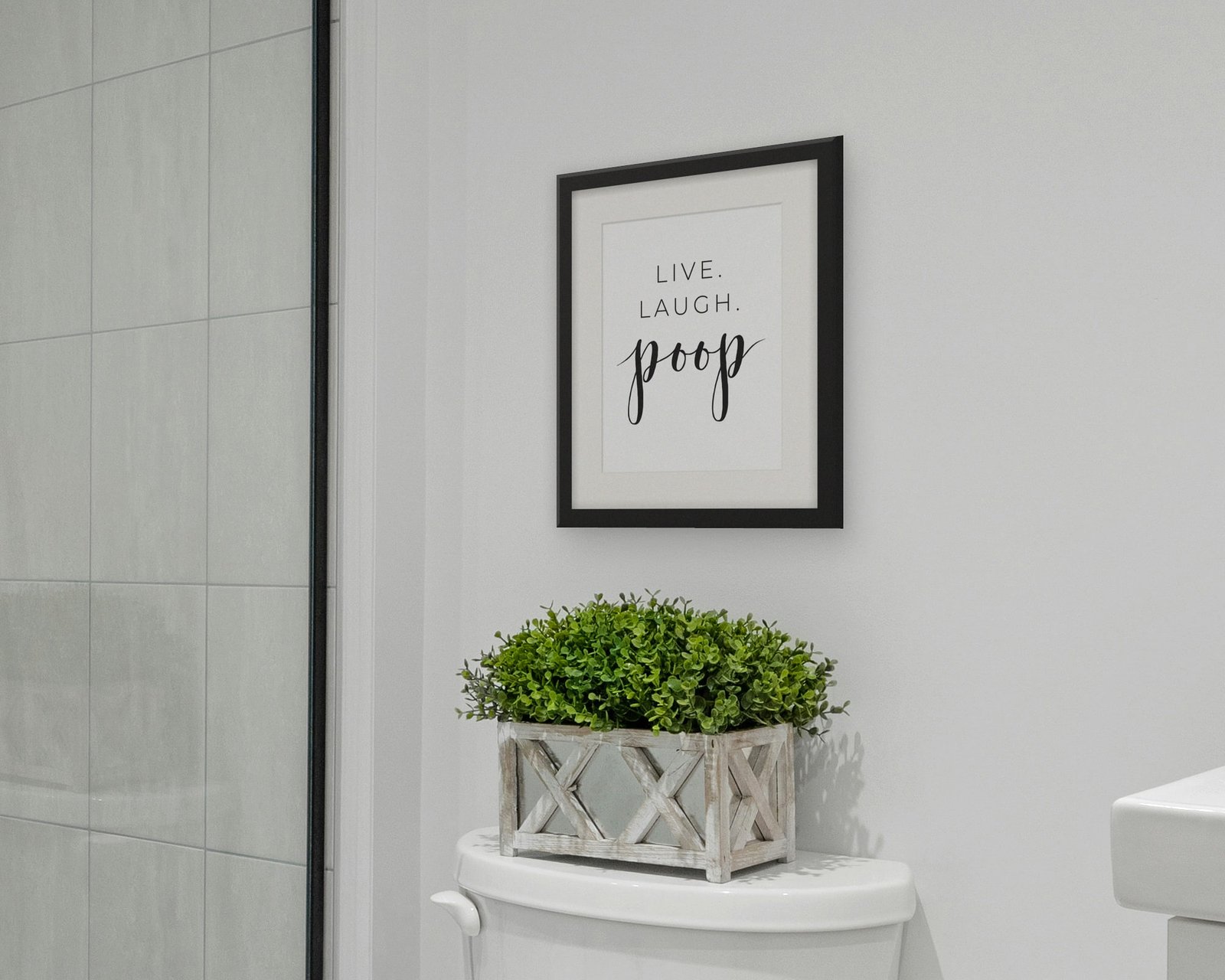 Live. Laugh. Poop., Framed in a bathroom