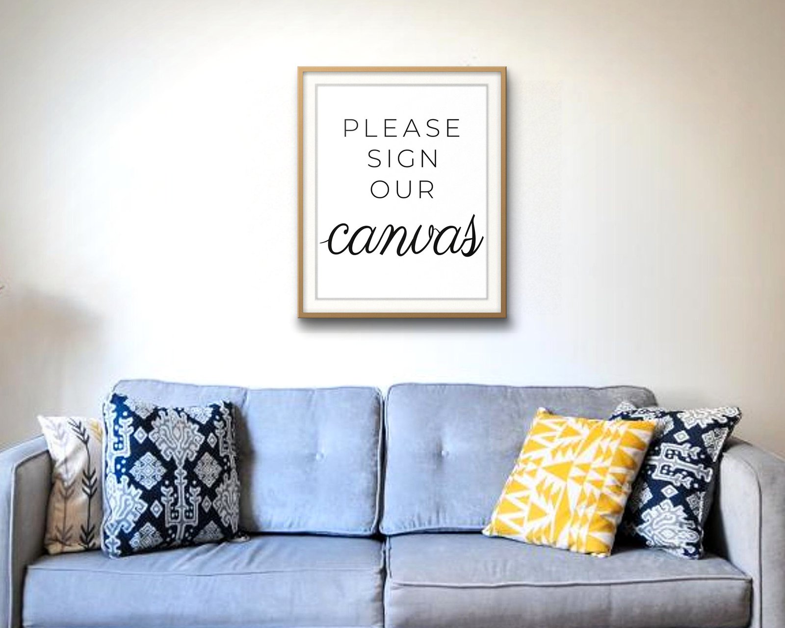 Please Sign Our Canvas: Living room · velvet sofa, framed