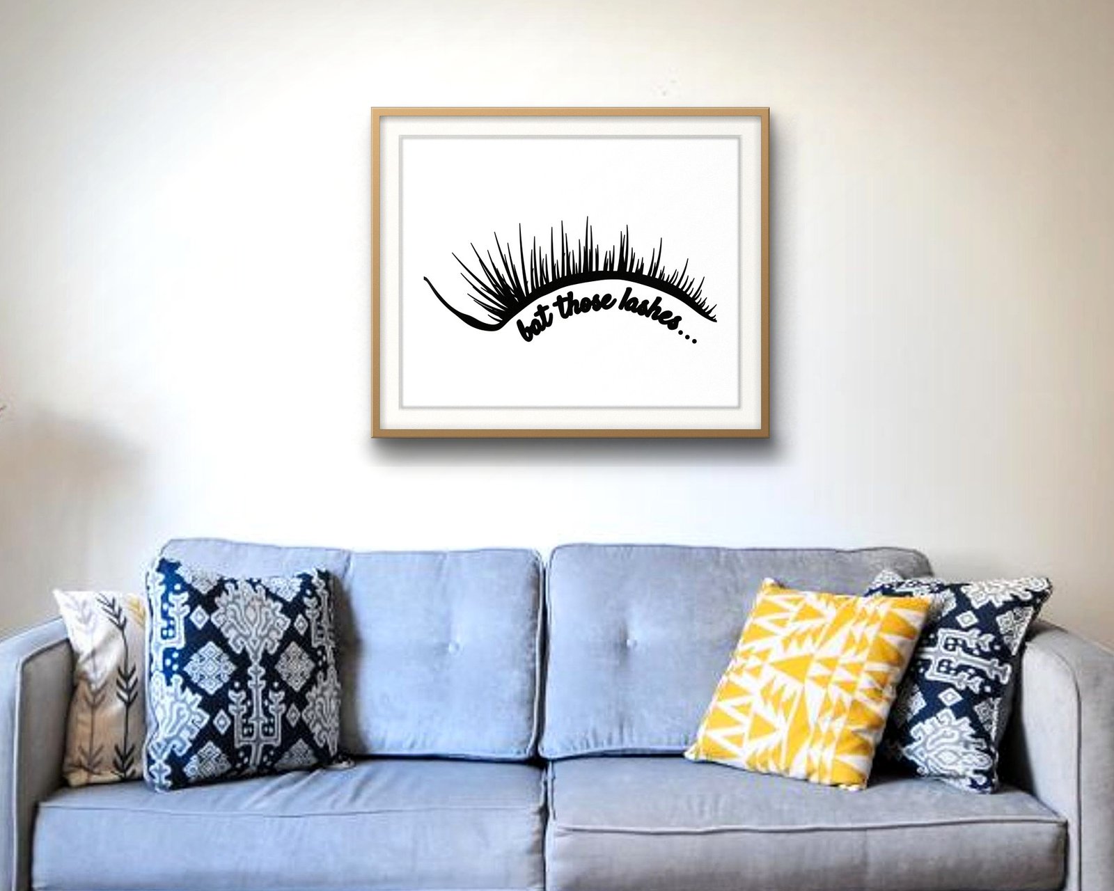Bat Those Lashes: Living room · velvet sofa, framed