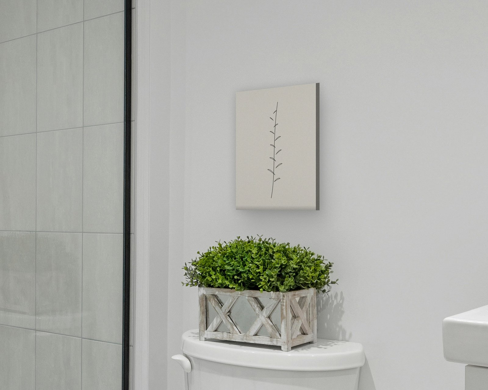 Line Botanical Printable Wall Art, Gallery canvas in a bathroom
