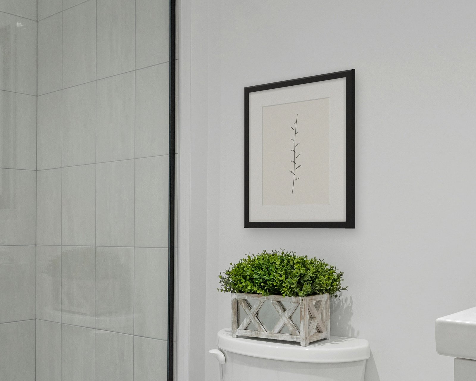 Line Botanical Printable Wall Art, Framed in a bathroom