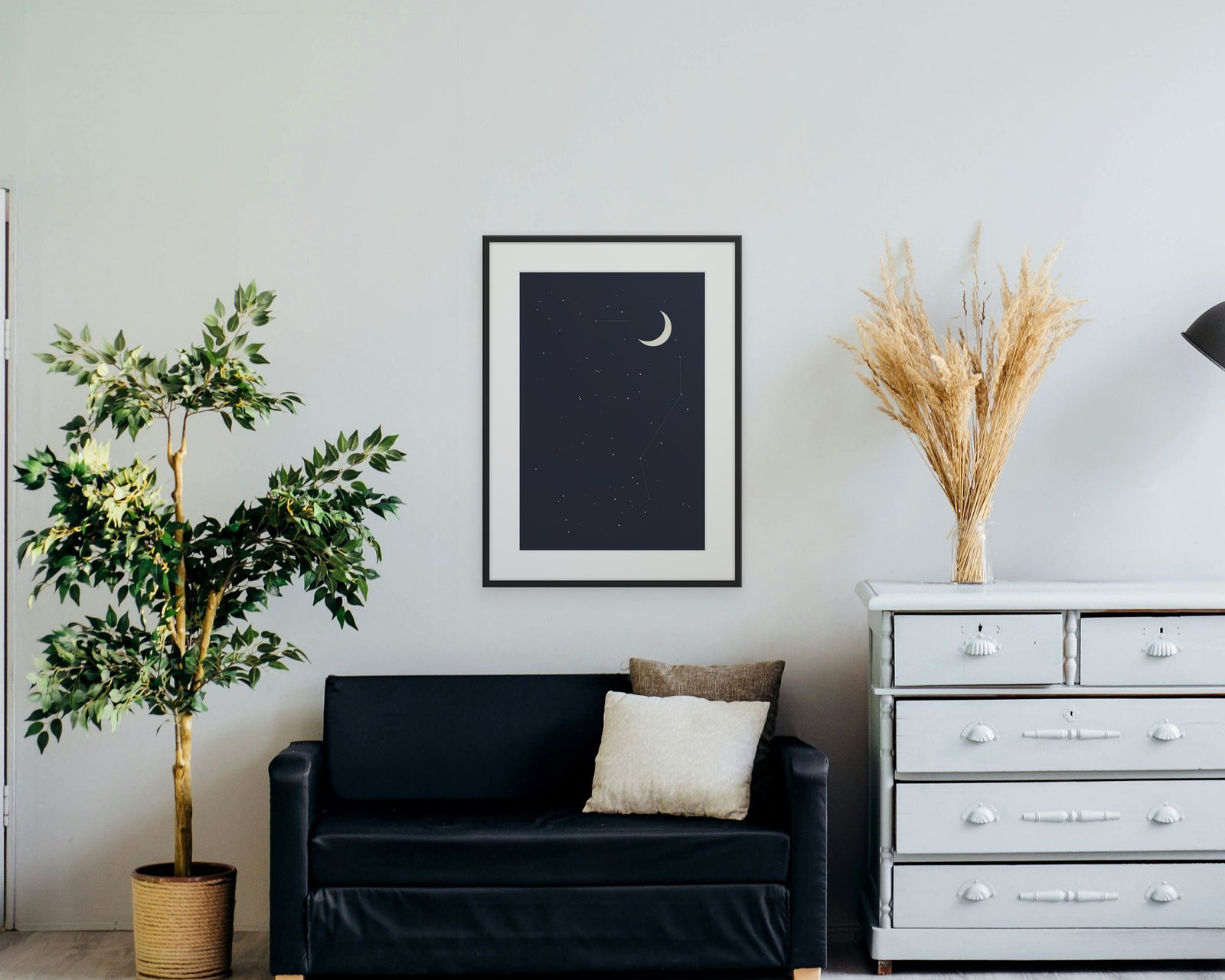 Midnight Constellation Printable Wall Art, Framed in a living room